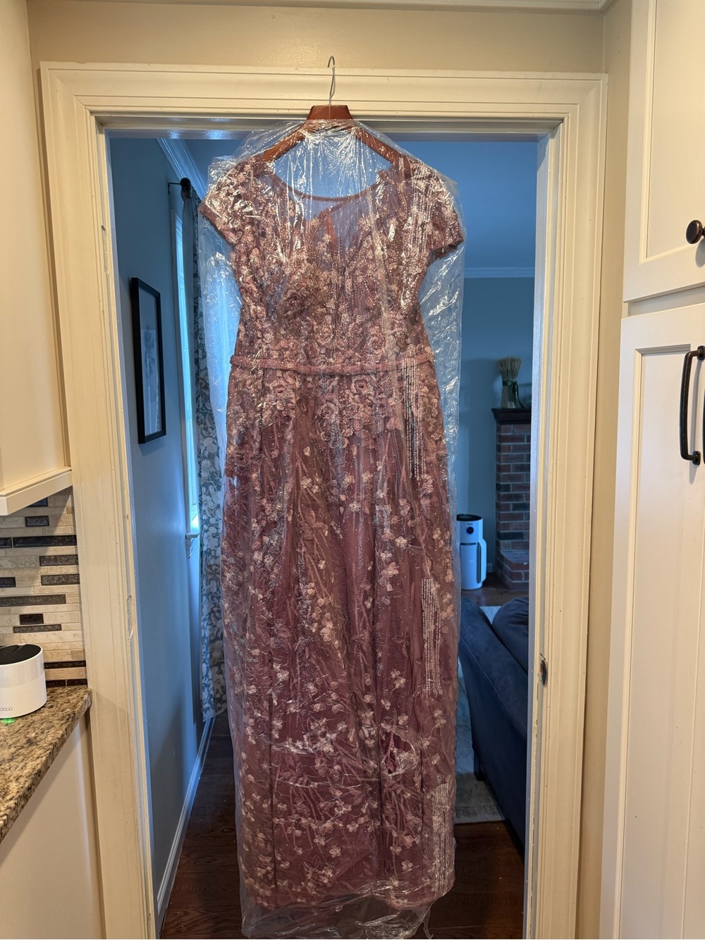 MAC DUGGAL Purple Embellished Floral Cap Sleeve A Line Gown